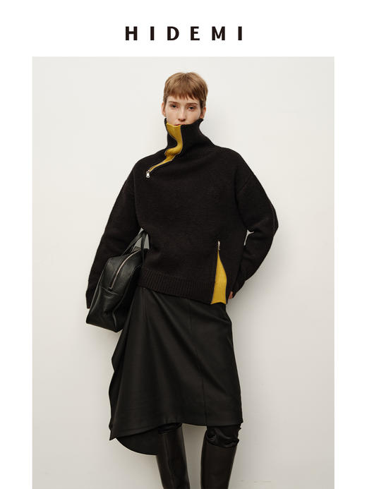 HIDEMI高领绵羊毛针织衫秋冬新款宽松螺纹翻领撞色设计感套头毛衣 商品图5