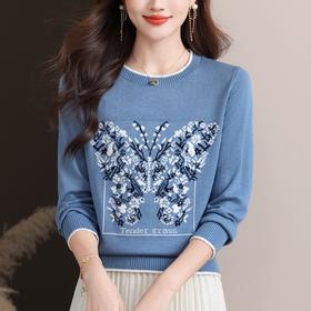 蝴蝶提花圆领针织衫， 复古风长袖显瘦套头百搭毛衣上衣CC-89-855