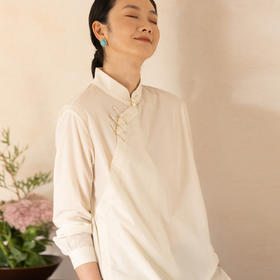 牧衣游原创 丝棉净色衬衫女新款通勤简约白色斜襟新中式上衣 浅禾