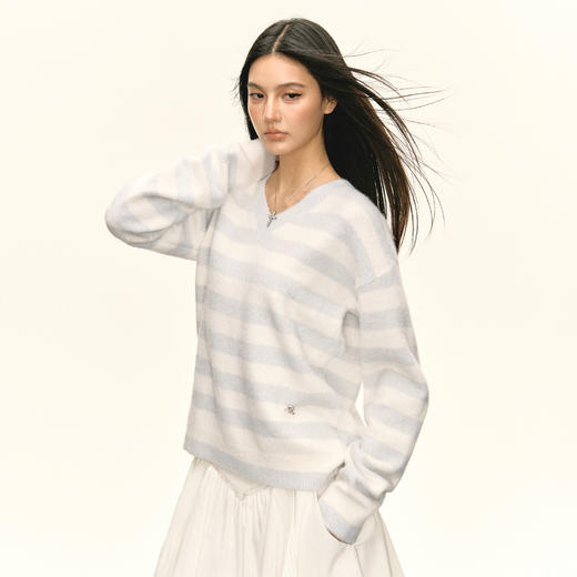 Ariseism 美式复古设计感双色条纹宽松套头毛衣女秋季新款 商品图3
