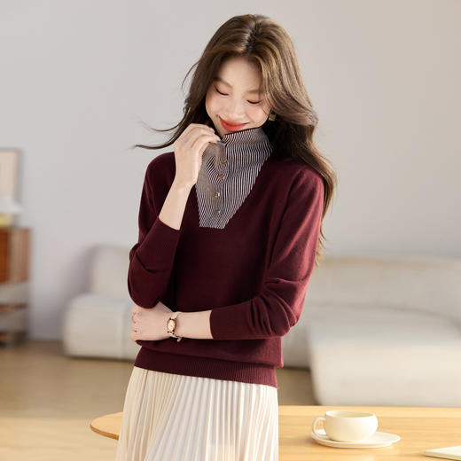 QL-8367条纹翻领拼接假两件撞色针织衫女2025秋冬新款高级感毛衣打底内搭 商品图0