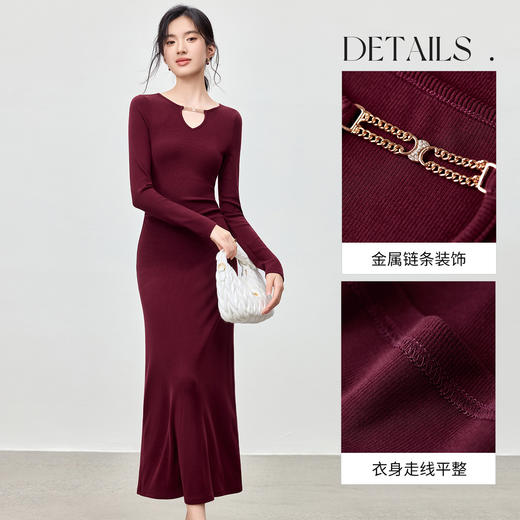 【内购】【小蛮腰】都市通勤圆领撞色链条收褶设计弹力修身长款针织连衣裙-153LN2857 商品图3