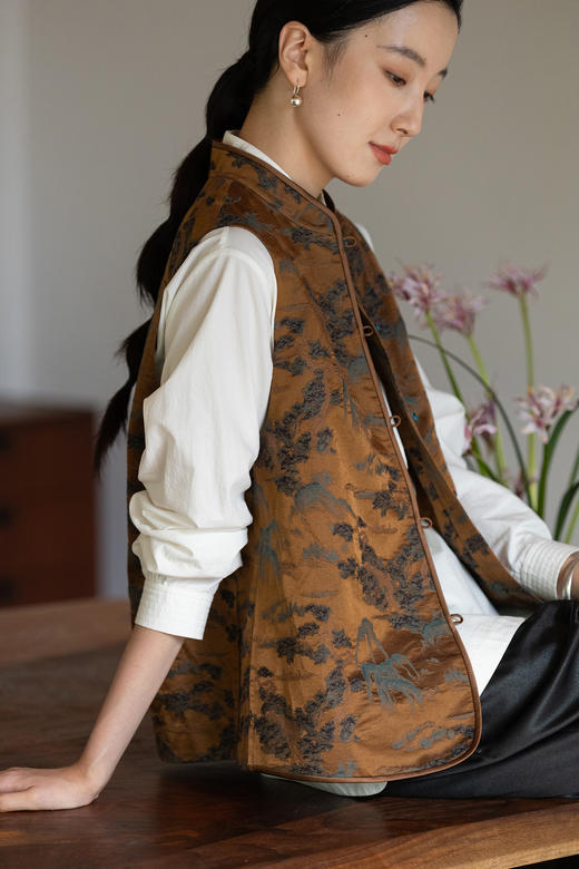 牧衣游原创 32姆米重磅真丝棉提花马夹东方复古中国式开衫 晚雨 商品图5