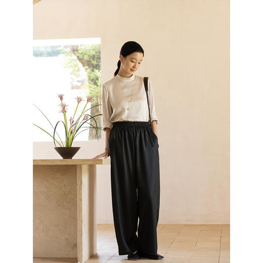 牧衣游原创 19姆米重磅香云纱净色裤子宽松百搭极简黑色长裤 云畔 商品图2