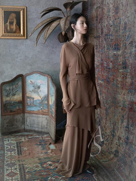 Cortana 25PF 褐色SERENE真丝层叠长半裙