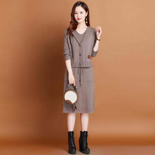 DZX-5830两件套连衣裙女秋冬2025新款休闲连帽针织毛衣裙秋季显瘦套装裙子 商品图0