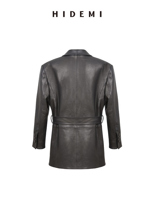 HIDEMI 高级感V领气质绵羊皮西装外套显瘦腰带真皮皮衣风衣 商品图8