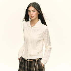 Ariseism 美式复古白色镂空针织开衫毛衣女秋季新款修身上衣外套