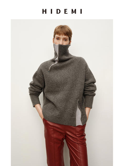 HIDEMI高领绵羊毛针织衫秋冬新款宽松螺纹翻领撞色设计感套头毛衣 商品图7