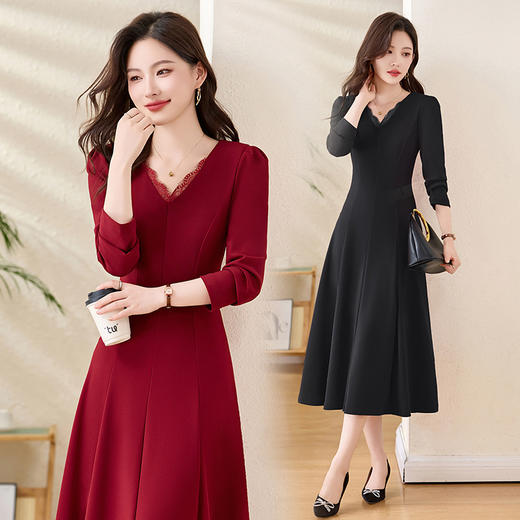 法式蕾丝边V领连衣裙高级感轻熟风QIXFS25-5657 商品图0