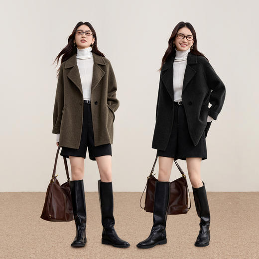 【内购】【绵羊毛】智性英伦风平驳领单排扣插肩袖宽松厚保暖双面呢外套-W54OA1880 商品图2