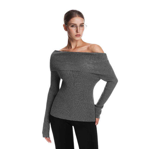 FDR官方店 美式辣妹翻领一字领修身毛衣女秋季露肩显瘦针织上衣 商品图1