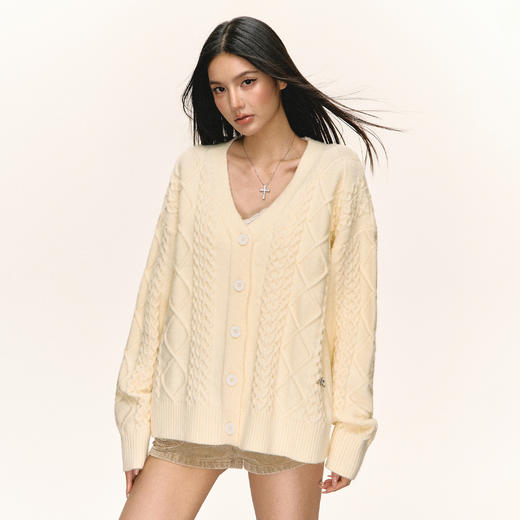 Ariseism 美式复古设计感宽松厚绞花开衫毛衣女秋季新款宽松上衣 商品图3