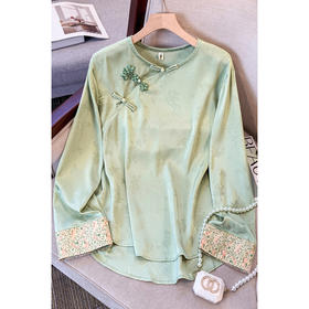 A6590 2025秋新款复古新中式国风改良缎面宽松休闲盘扣圆领长袖衬衫上衣