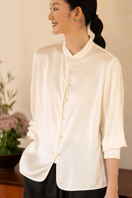 牧衣游原创 22姆米重磅净色真丝衬衫极简通勤百搭中式衬衣 挽庭 商品图5