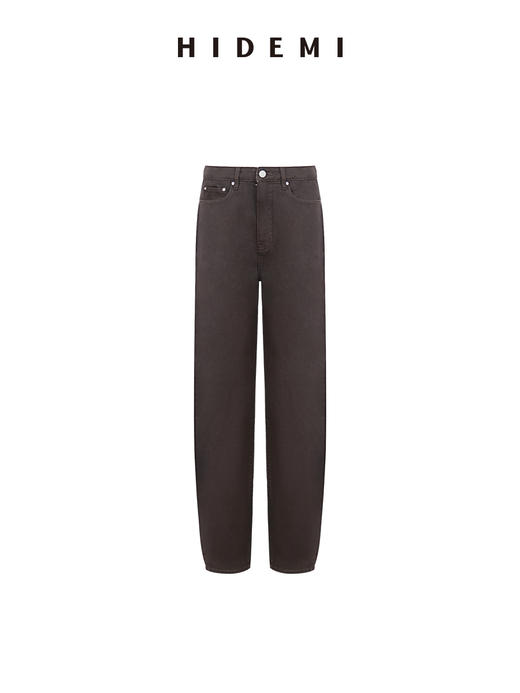 HIDEMI 柔软透气自然棉混纺羊腿裤深咖色复古宽松茧形长裤牛仔裤 商品图5