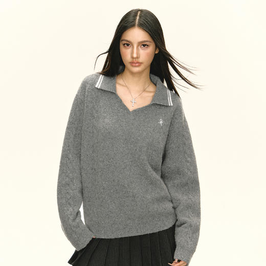 Ariseism 美式复古设计感翻领灰色学院风毛衣女秋季新款上衣外套 商品图1