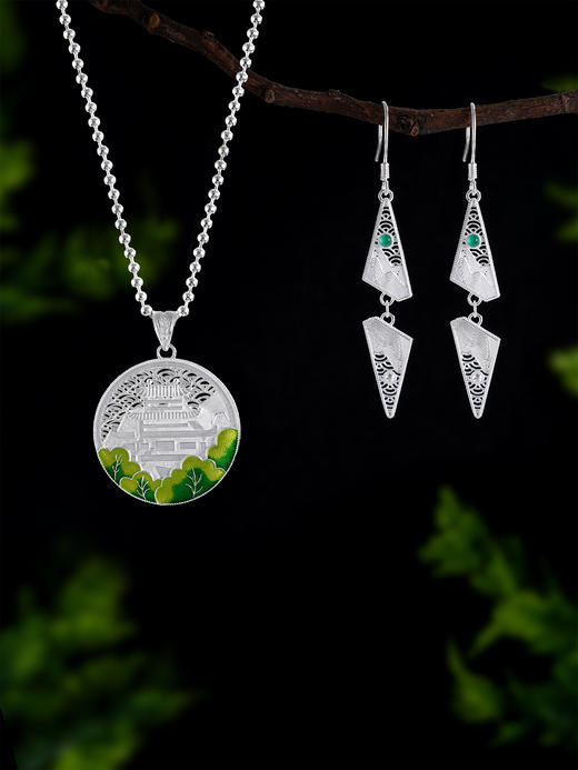 子佩集S990银【阁下天心】耳环【DSEH006】纯银花丝绿玉髓大师工坊原创作品山水倒影2509 商品图0