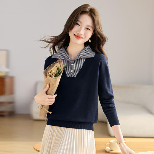 QL-8367条纹翻领拼接假两件撞色针织衫女2025秋冬新款高级感毛衣打底内搭 商品图1