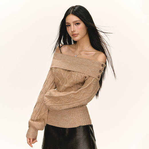 Ariseism 美式复古设计感一字肩毛衣女秋季新款上衣 商品图0