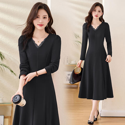 法式蕾丝边V领连衣裙高级感轻熟风QIXFS25-5657 商品图1