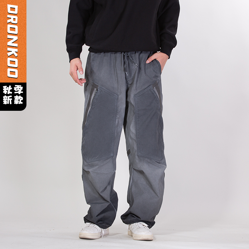 DRONKOO 2025 抽绳松紧腰前贴袋织带拉链做旧中厚工装长裤