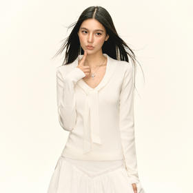 Ariseism 美式复古设计感白色领带针织毛衣女秋季新款修身上衣