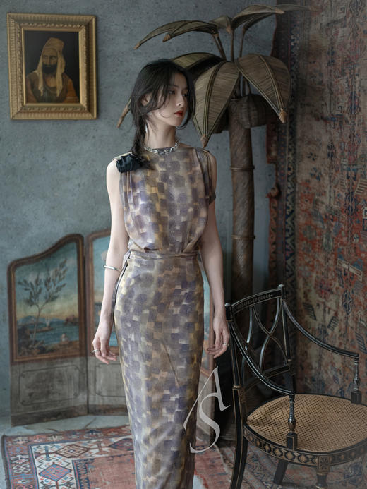 Cortana 25PF 桑紫唐茶笔触KNOT围裹式无袖真丝连衣裙 商品图2