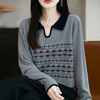 LSX8775 2025年秋季新款撞色polo领提花针织衫女 复古风长袖百搭时尚毛衣 商品缩略图0