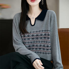 LSX8775 2025年秋季新款撞色polo领提花针织衫女 复古风长袖百搭时尚毛衣