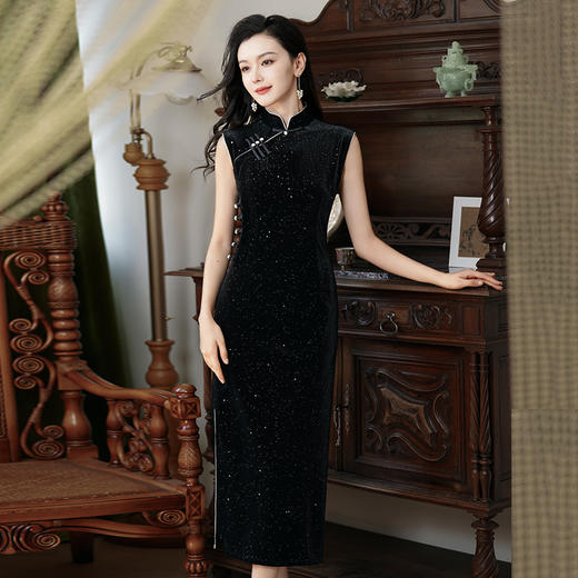 老上海复古修身无袖烫金丝绒高级感ZQ60563 商品图4