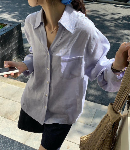 韩国h家新款口袋亚麻衬衣衬衫08271 商品图9