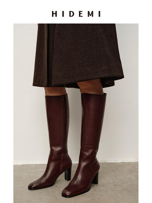 HIDEMI 复古圆头高筒靴粗跟高跟及膝盖靴不过膝长靴头层牛皮骑士靴 商品图6