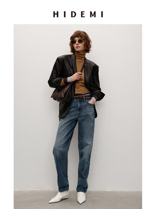 HIDEMI 高级感V领气质绵羊皮西装外套显瘦腰带真皮皮衣风衣 商品图2