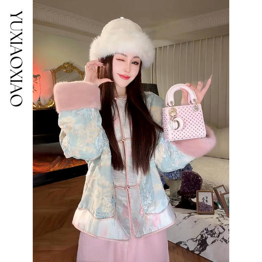 余潇潇【花好月圆】精致金丝丝绒拼接水貂毛袖口内里填充桑蚕丝外套 商品图0