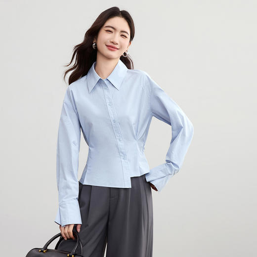 【内购】【收褶设计】气质通勤翻领斜门襟不规则下摆落肩羊腿袖100%棉衬衫-W53CA2332 商品图2