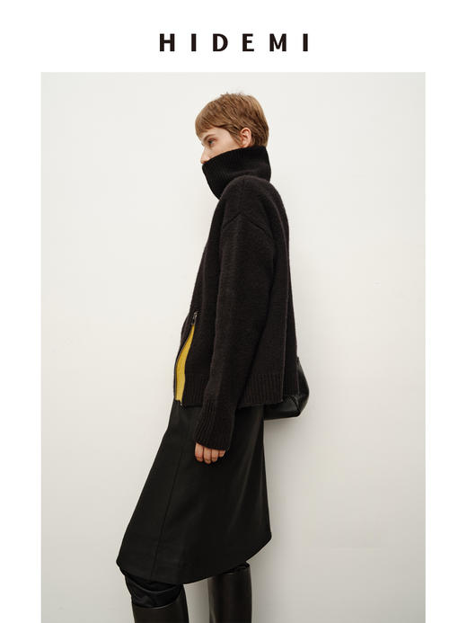 HIDEMI高领绵羊毛针织衫秋冬新款宽松螺纹翻领撞色设计感套头毛衣 商品图6