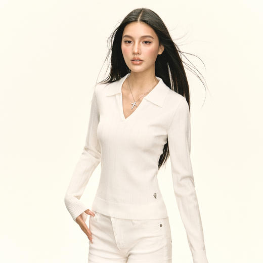 Ariseism 美式复古设计感v领白色polo长袖针织衫女秋季新款上衣 商品图2