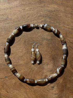 褐灰缠丝玛瑙橄榄珠首饰两件套，顺丰包邮