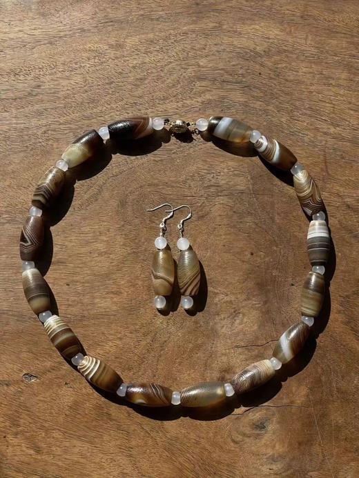 褐灰缠丝玛瑙橄榄珠首饰两件套，顺丰包邮 商品图0