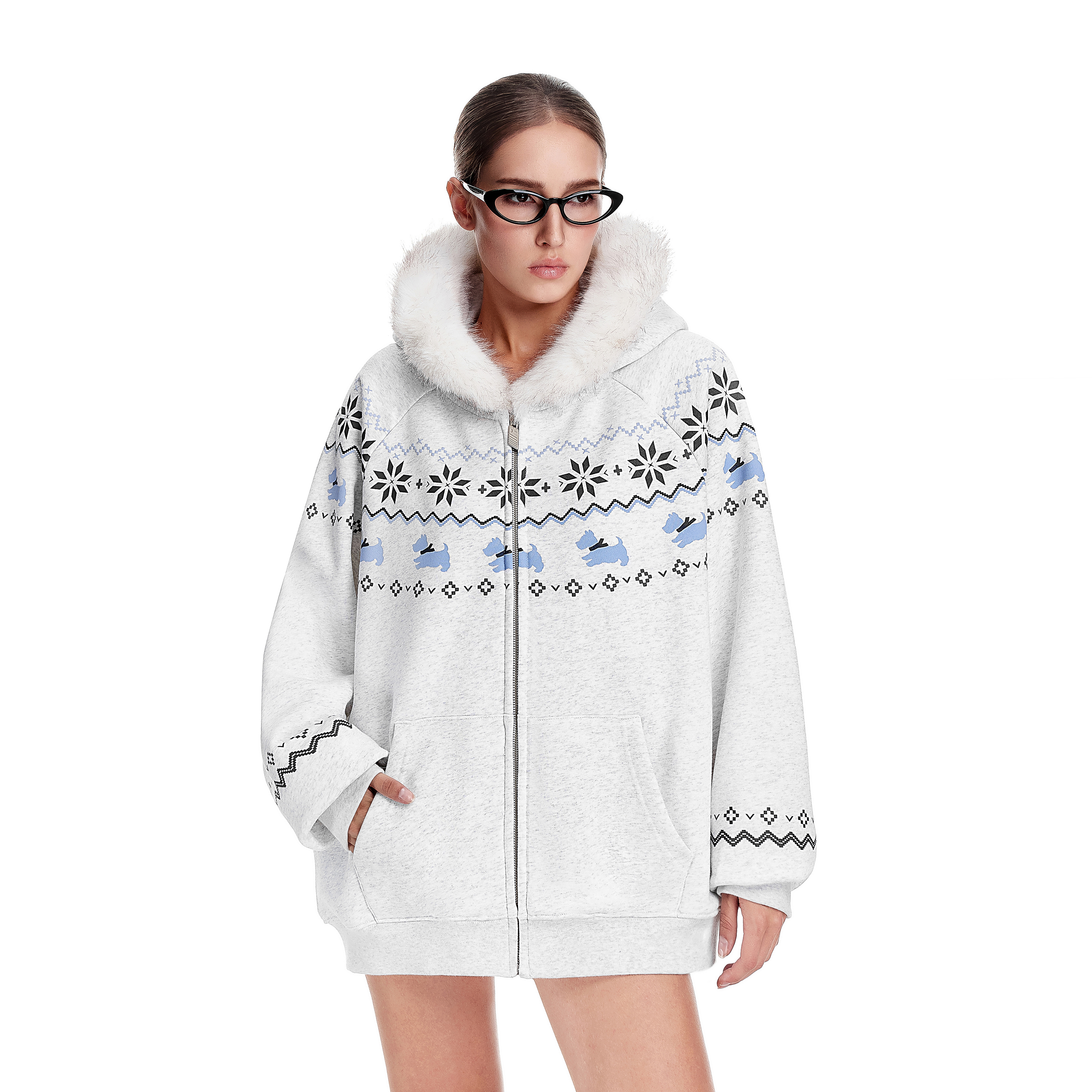 FDR官方店 费尔岛小狗毛领卫衣外套男女秋季加厚情侣撞色拉链帽衫