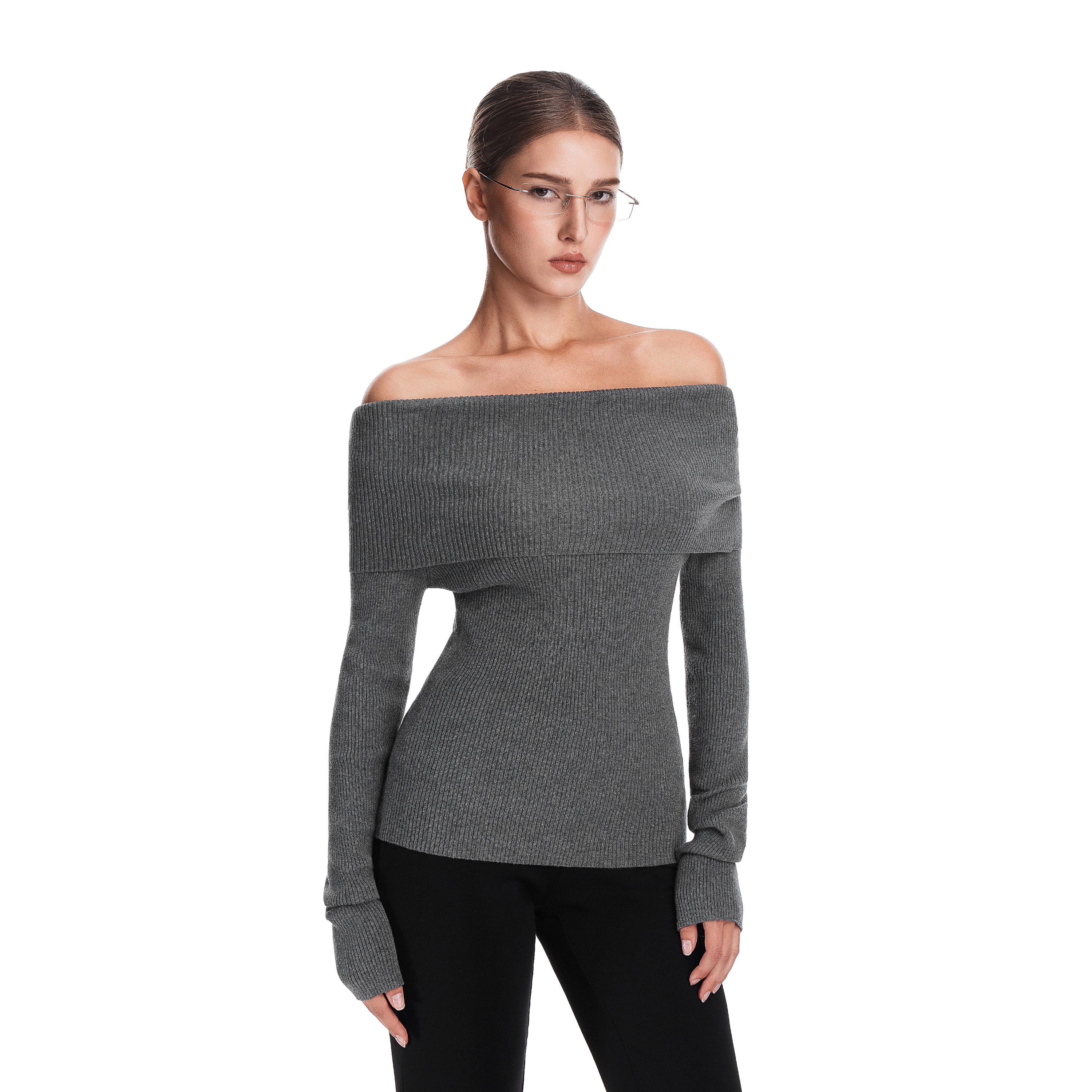 FDR官方店 美式辣妹翻领一字领修身毛衣女秋季露肩显瘦针织上衣