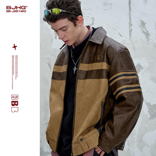 BJHG不计后果撞色皮衣外套男款秋季美式复古休闲做旧痞帅夹克上衣 商品图0
