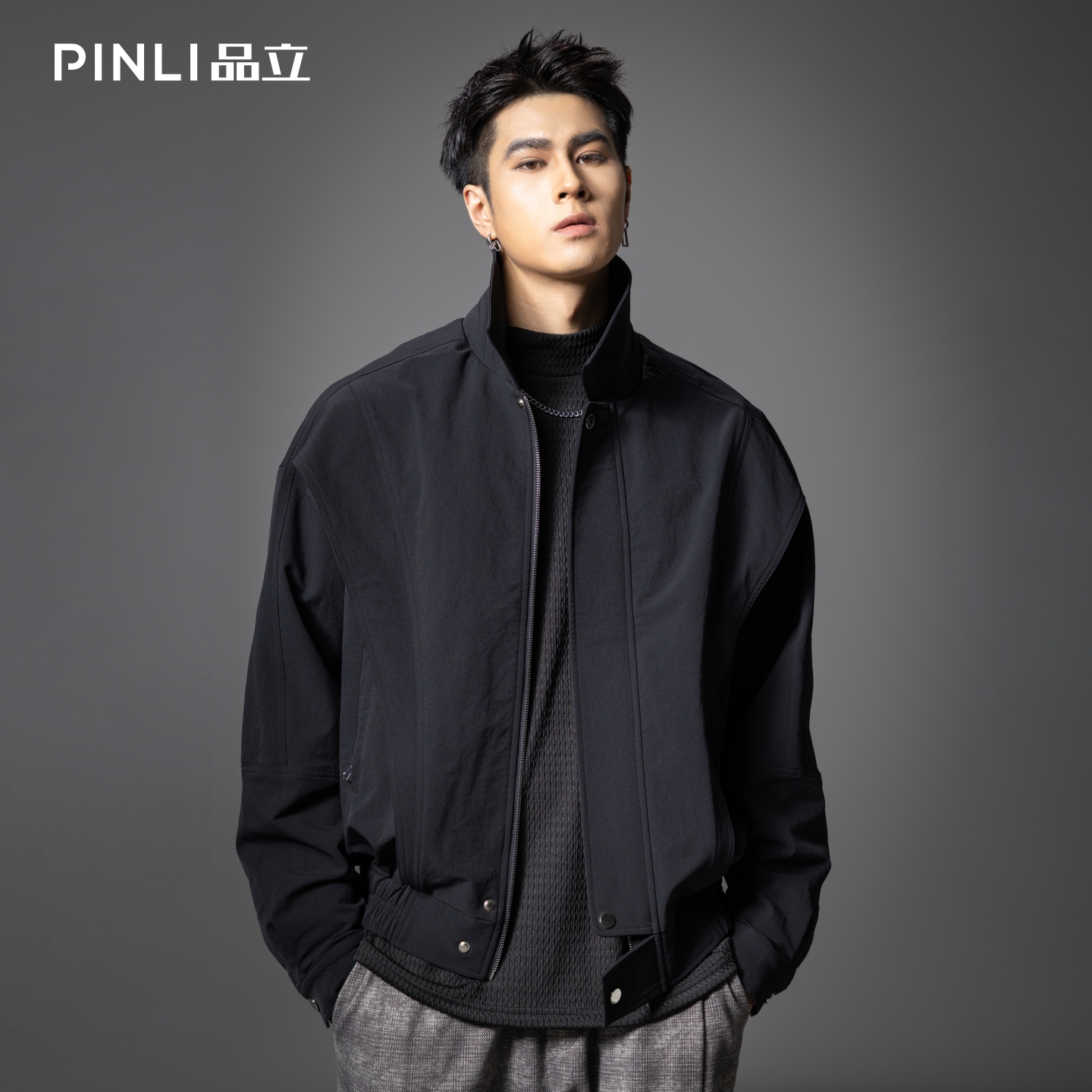 PINLI品立2025秋季新款翻领宽松工装夹克男潮牌百搭休闲廓形外套GD253104006