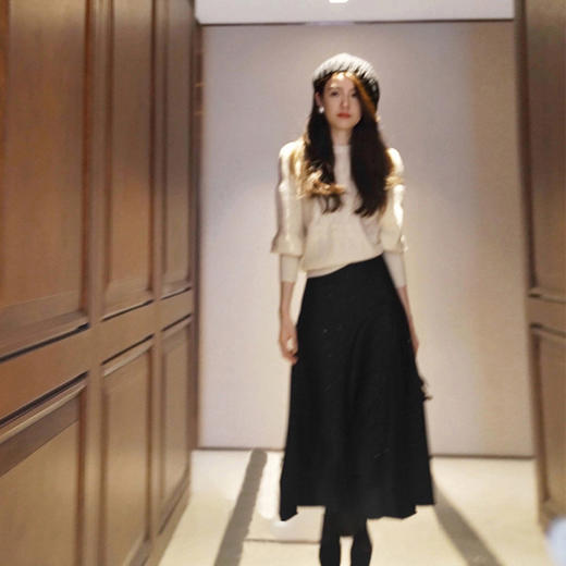 丁摩 黑色半身裙女秋冬新款高腰显瘦a字伞裙赫本风气质大摆中长裙5ZF-50591 商品图3