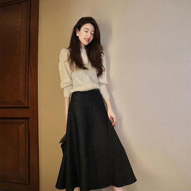 丁摩 黑色半身裙女秋冬新款高腰显瘦a字伞裙赫本风气质大摆中长裙5ZF-50591