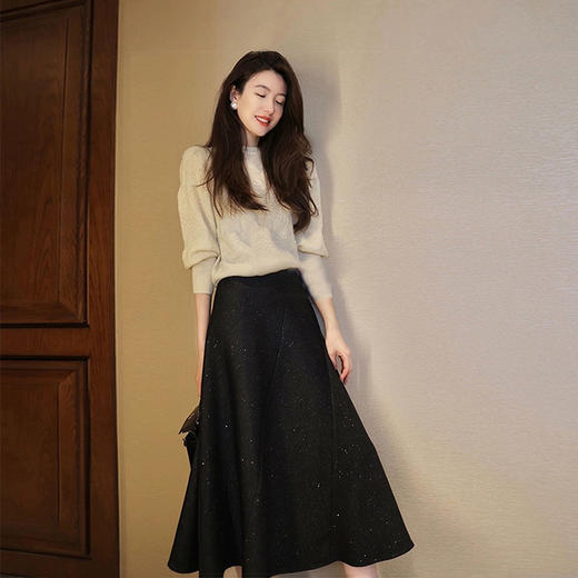丁摩 黑色半身裙女秋冬新款高腰显瘦a字伞裙赫本风气质大摆中长裙5ZF-50591 商品图0