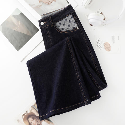 丁摩 丹宁色牛仔微喇裤女新款秋季高腰显瘦修身拖地喇叭长裤5ZF-97023 商品图2