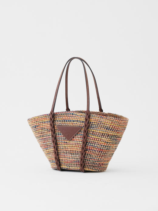 BT347-PRADA普拉达 三角形烫印徽标 稻草柳条拼皮革 托特包Tote包购物袋单肩手提包（RG*MM） 商品图1