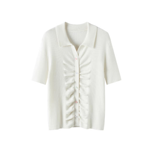 S·Y·C【彩扣领衫】羊毛+桑蚕丝Polo领褶皱设计针织开衫短袖SYM25049 商品图3